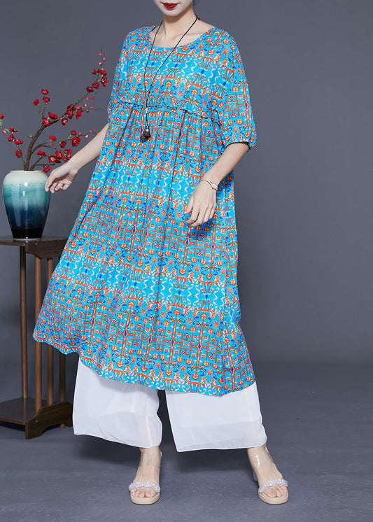 Stylish Blue Ruffled Print Silk Long Dresses Summer LC0378 - fabuloryshop