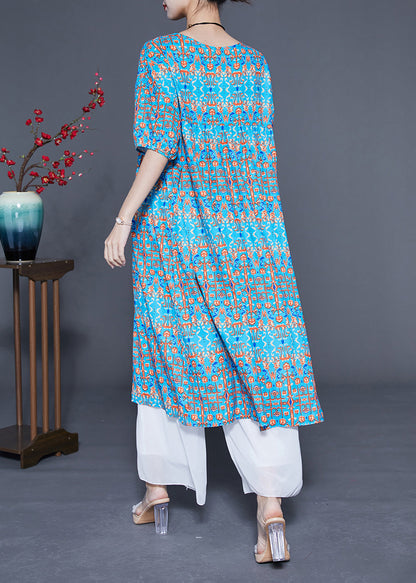 Stylish Blue Ruffled Print Silk Long Dresses Summer LC0378 - fabuloryshop