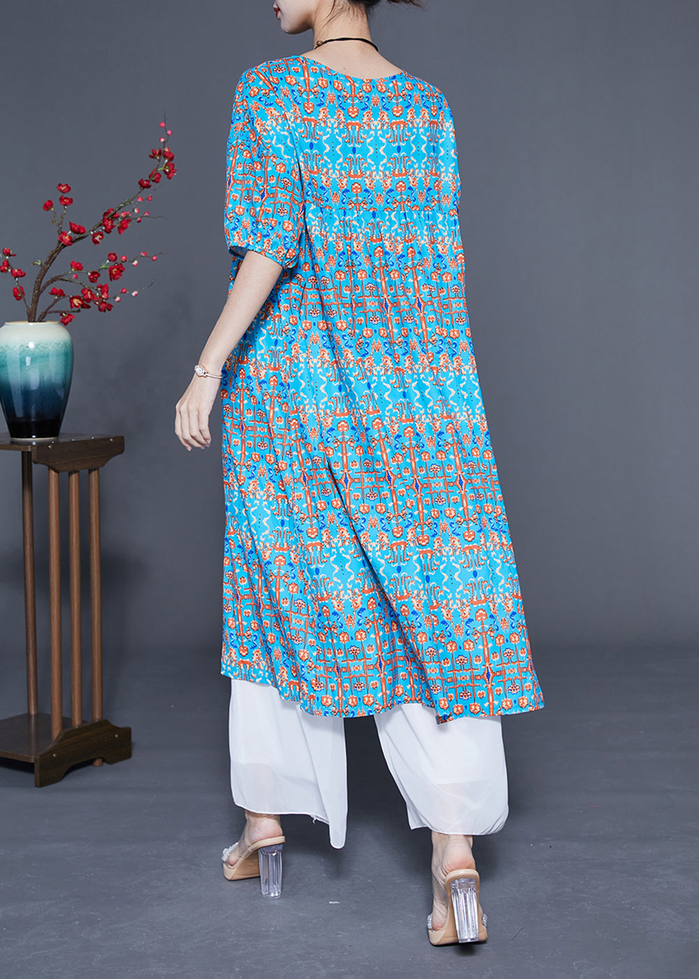 Stylish Blue Ruffled Print Silk Long Dresses Summer LY1108 - fabuloryshop