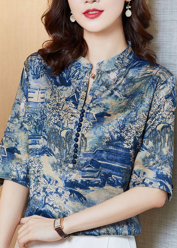 Stylish Blue Stand Collar Print Patchwork Silk Tops Summer LY0466