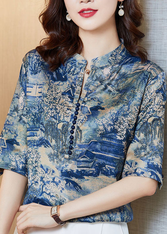 Stylish Blue Stand Collar Print Patchwork Silk Tops Summer LY0466 - fabuloryshop