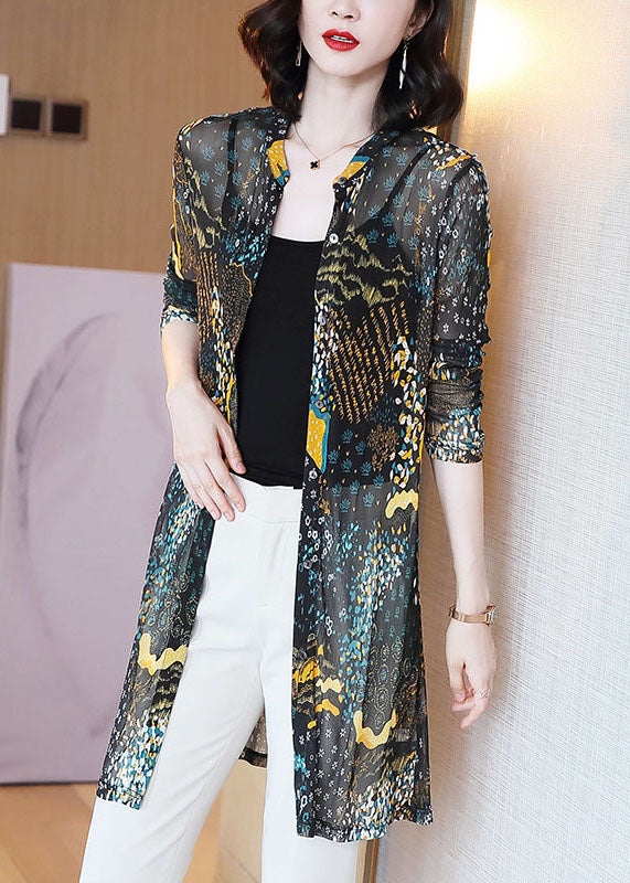 Stylish Blue Stand Collar Print Patchwork Tulle Cardigans Summer TP1024 - fabuloryshop