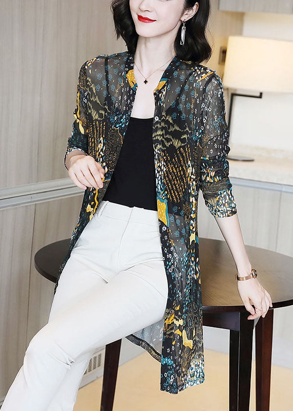 Stylish Blue Stand Collar Print Patchwork Tulle Cardigans Summer TP1024 - fabuloryshop