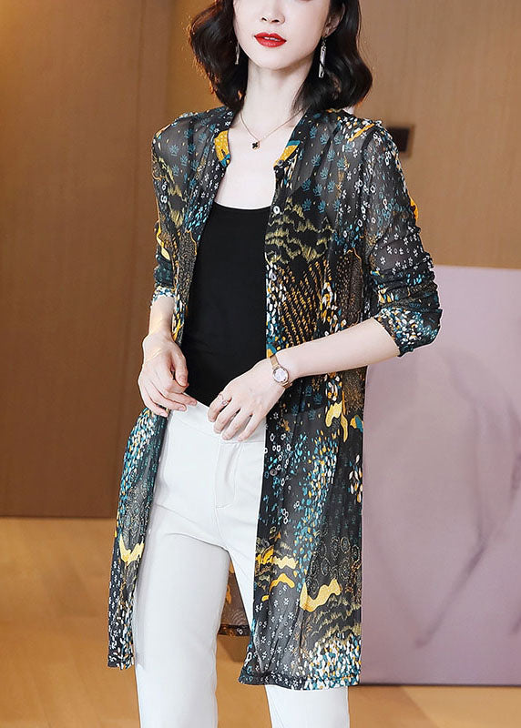 Stylish Blue Stand Collar Print Patchwork Tulle Cardigans Summer TP1024 - fabuloryshop