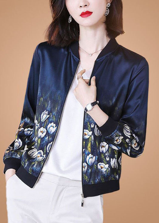 Stylish Blue Stand Collar Zip Up Print Silk Jackets Spring LY0081 - fabuloryshop