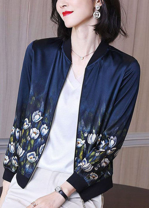 Stylish Blue Stand Collar Zip Up Print Silk Jackets Spring LY0081 - fabuloryshop