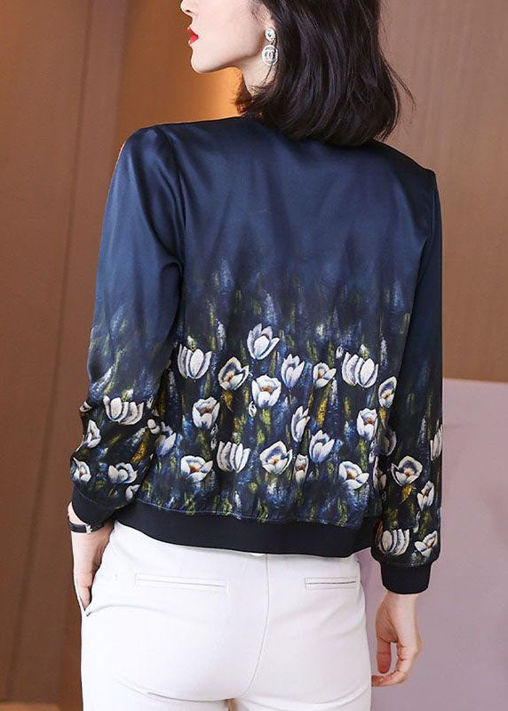 Stylish Blue Stand Collar Zip Up Print Silk Jackets Spring LY0081 - fabuloryshop