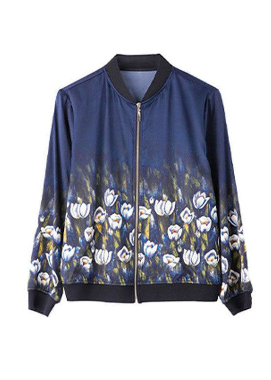 Stylish Blue Stand Collar Zip Up Print Silk Jackets Spring LY0081 - fabuloryshop