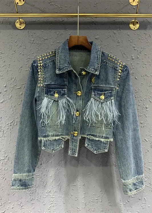 Stylish Blue Tasseled Rivet Patchwork Denim Jacket Fall Ada Fashion