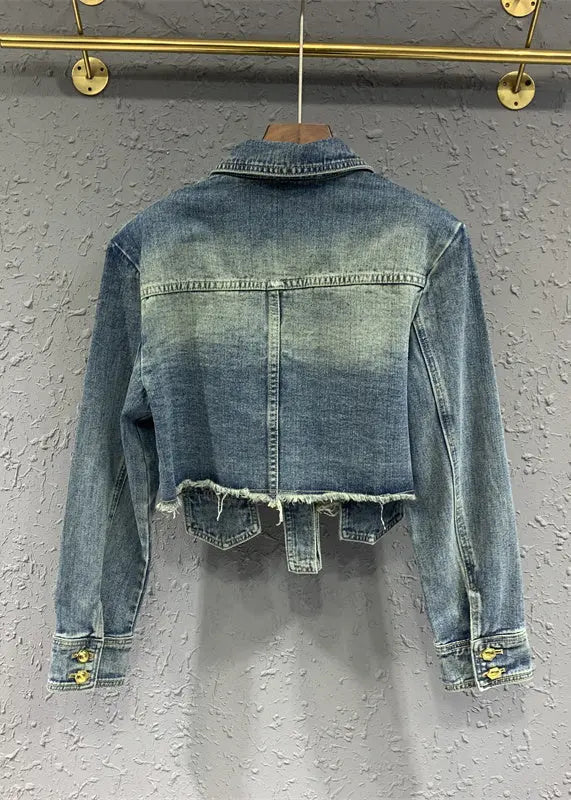 Stylish Blue Tasseled Rivet Patchwork Denim Jacket Fall Ada Fashion