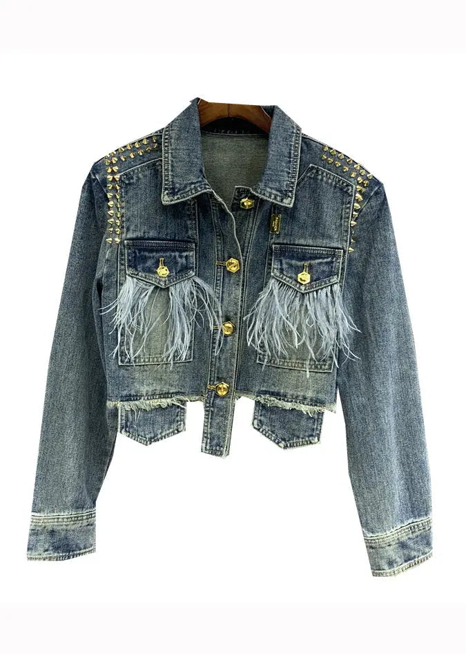 Stylish Blue Tasseled Rivet Patchwork Denim Jacket Fall Ada Fashion