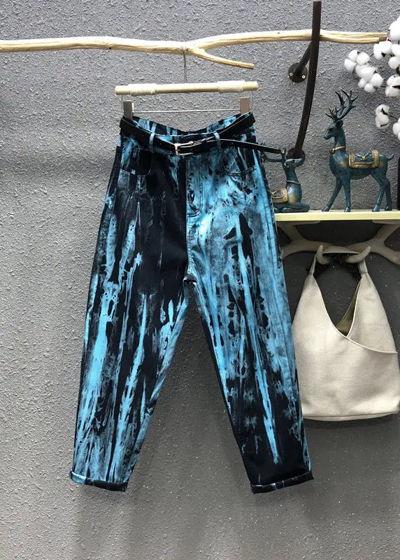 Stylish Blue Tie Dye Pockets Patchwork Denim Pants Fall Ada Fashion