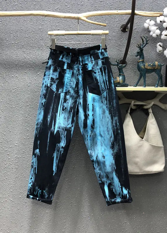 Stylish Blue Tie Dye Pockets Patchwork Denim Pants Fall Ada Fashion