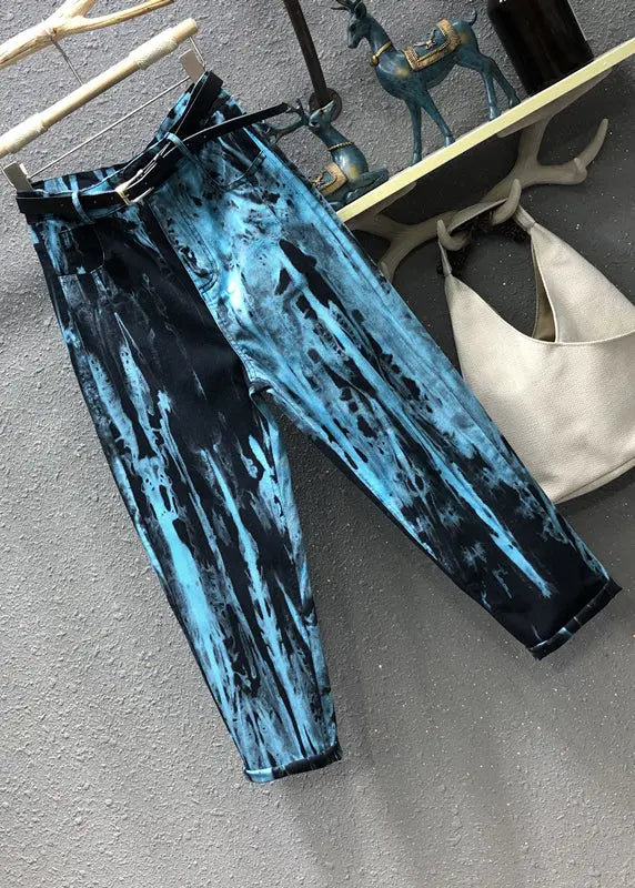 Stylish Blue Tie Dye Pockets Patchwork Denim Pants Fall Ada Fashion