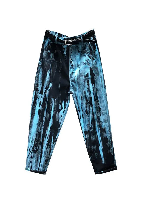 Stylish Blue Tie Dye Pockets Patchwork Denim Pants Fall Ada Fashion