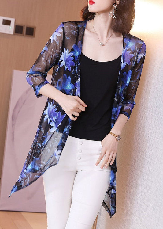 Stylish Blue V Neck Print Silk Sunscre Cardigans Loose Summer LY3800 - fabuloryshop