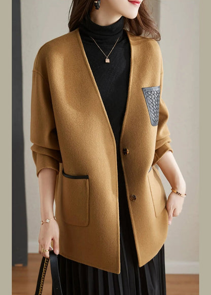 Stylish Camel V Neck Patchwork Button Wool Blend Coats Fall Ada Fashion