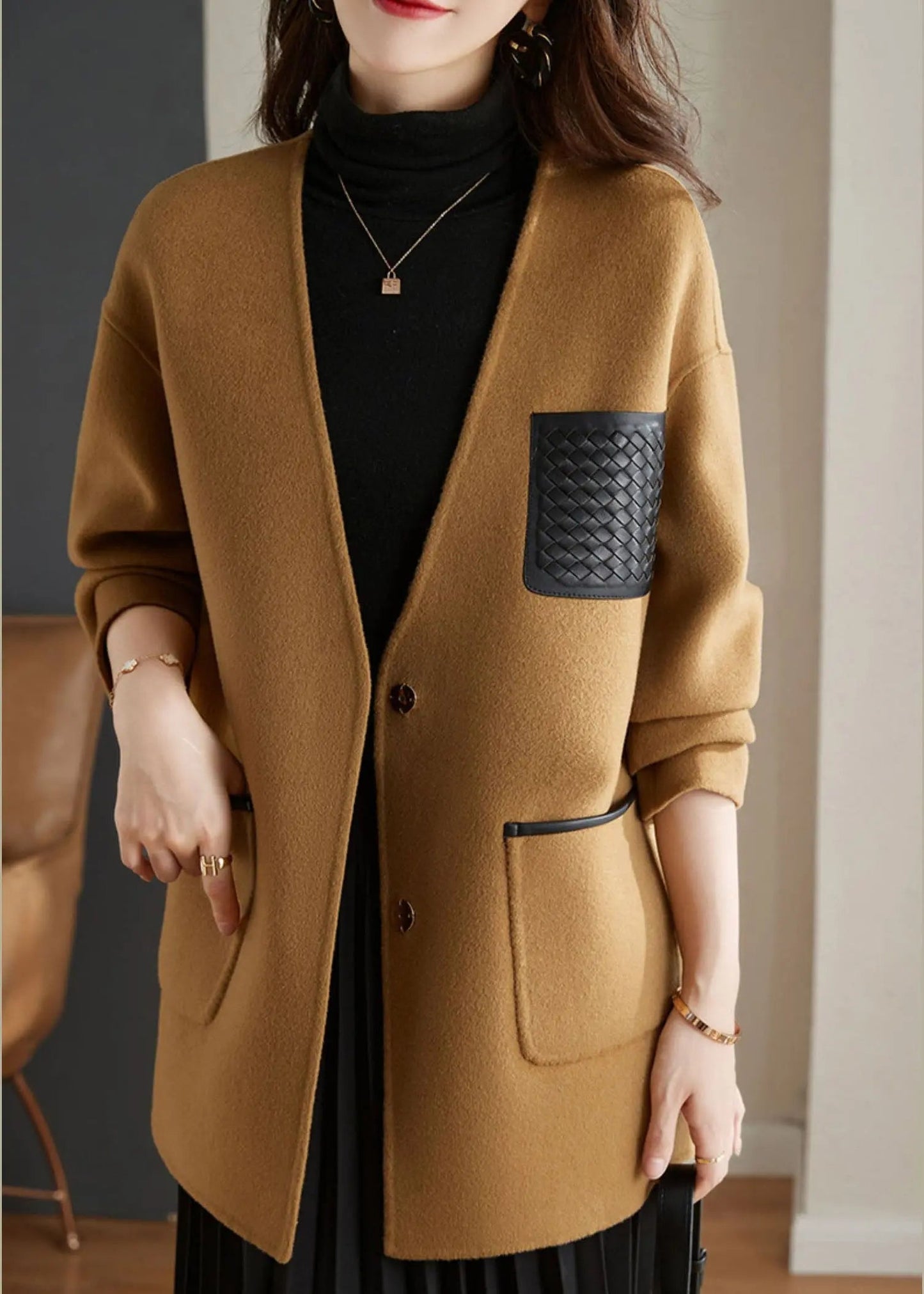 Stylish Camel V Neck Patchwork Button Wool Blend Coats Fall Ada Fashion