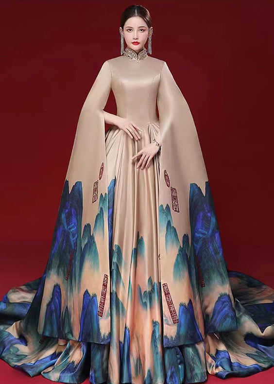 Stylish Champagne Color Zircon Print Patchwork Silk Maxi Dresses Fall Ada Fashion