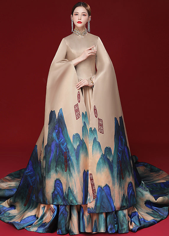 Stylish Champagne Color Zircon Print Patchwork Silk Maxi Dresses Fall Ada Fashion