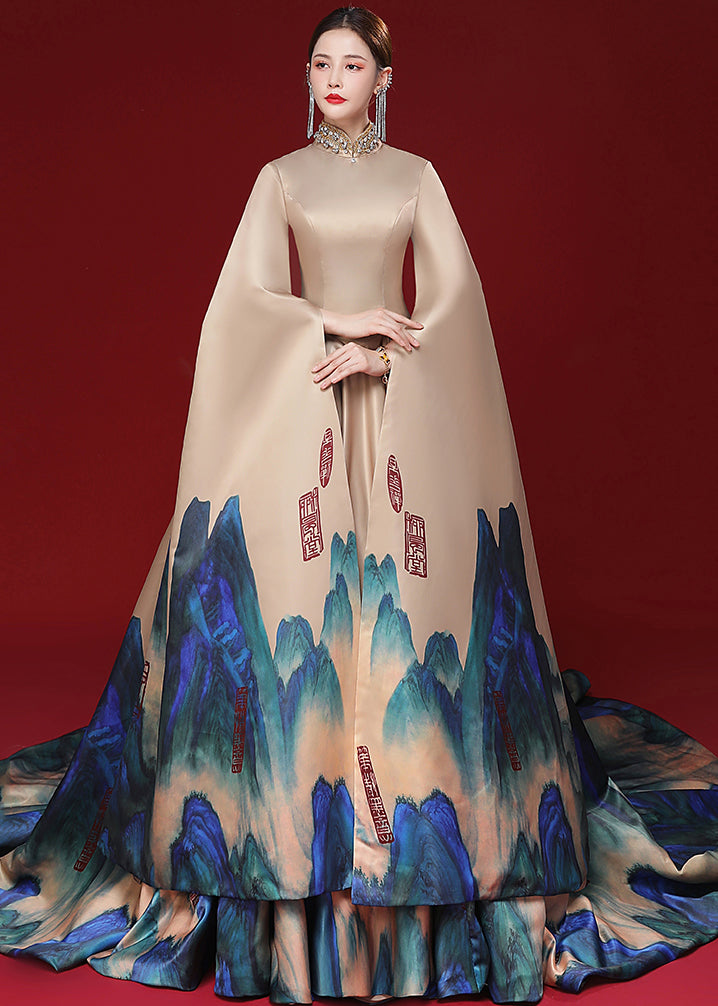 Stylish Champagne Color Zircon Print Patchwork Silk Maxi Dresses Fall Ada Fashion