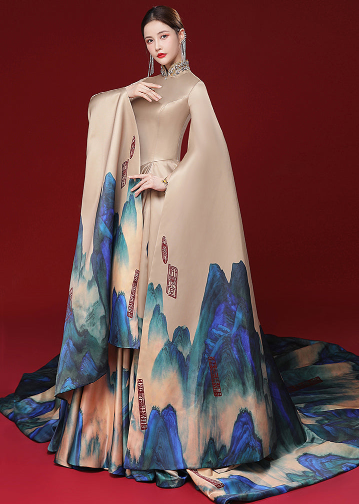 Stylish Champagne Color Zircon Print Patchwork Silk Maxi Dresses Fall Ada Fashion
