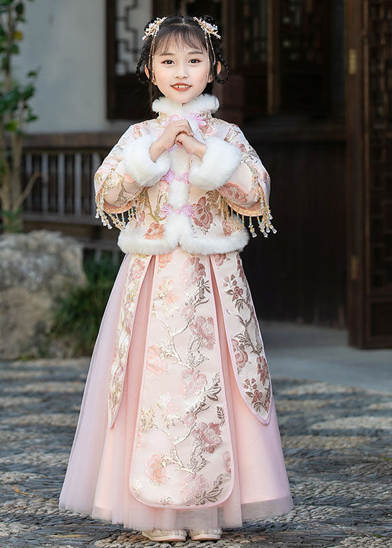 Stylish Champagne Fur Collar Embroideried Tassel Warm Fleece Girls Coats And Tulle Skirts Two Pieces Set Winter Ada Fashion