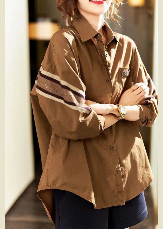 Stylish Coffee Peter Pan Collar Patchwork Cotton Shirts Top Long Sleeve Ada Fashion