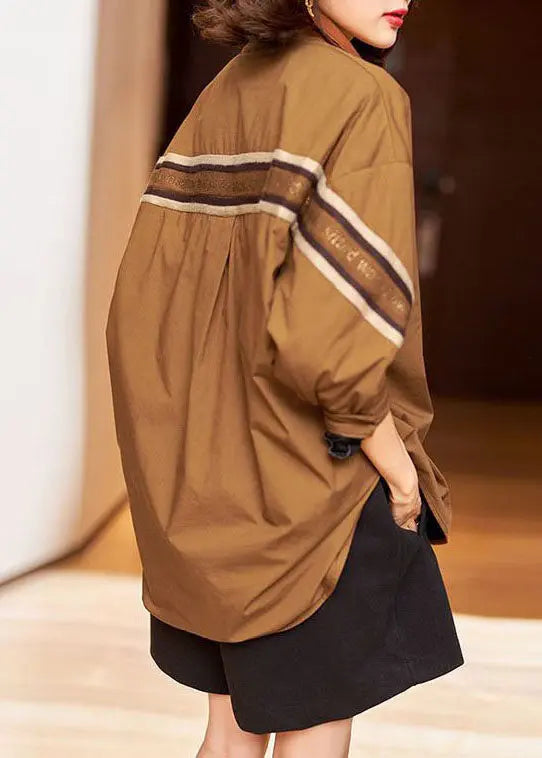 Stylish Coffee Peter Pan Collar Patchwork Cotton Shirts Top Long Sleeve Ada Fashion