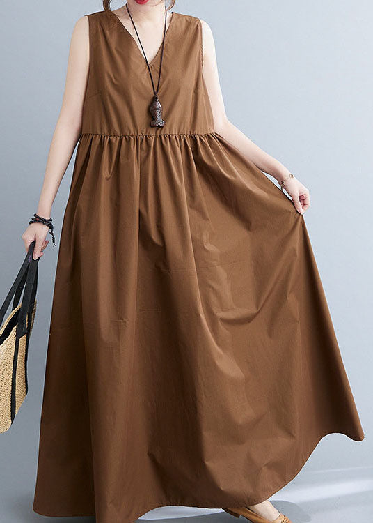 Stylish Coffee V Neck Patchwork Cotton Summer Dress Sleeveless LC0456 - fabuloryshop