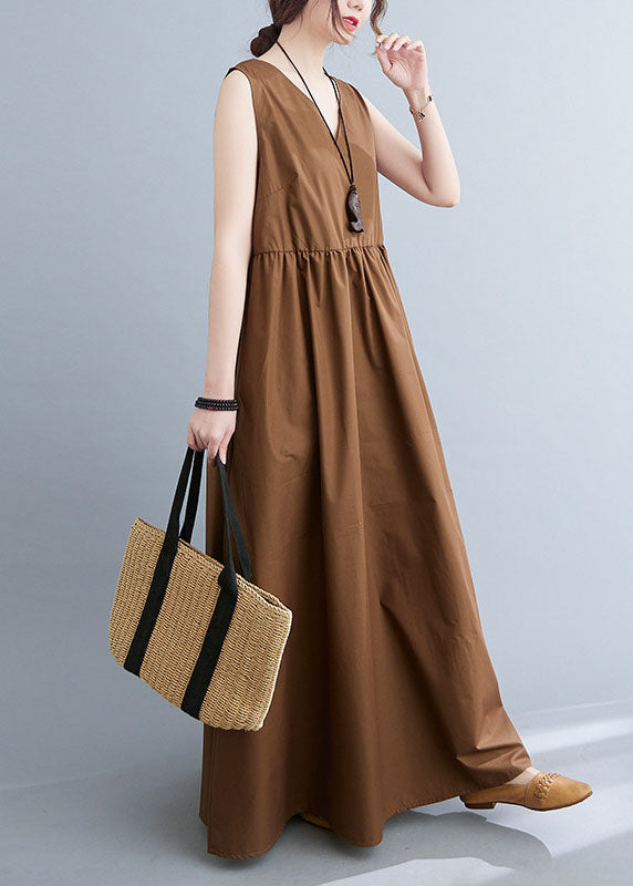 Stylish Coffee V Neck Patchwork Cotton Summer Dress Sleeveless LC0456 - fabuloryshop