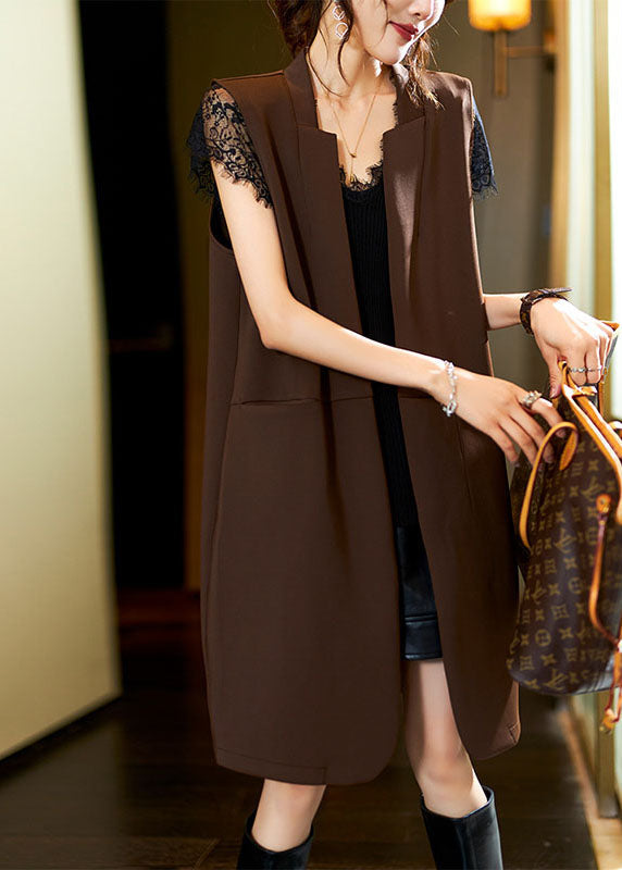 Stylish Coffee V Neck Patchwork Long Waistcoat Sleeveless Ada Fashion