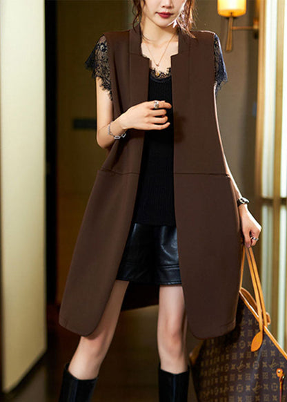 Stylish Coffee V Neck Patchwork Long Waistcoat Sleeveless Ada Fashion