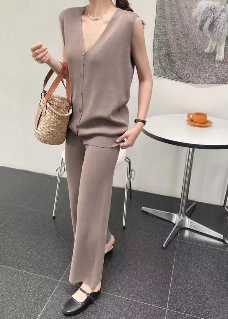 Stylish Coffee V Neck Tops And Pants Knit Two Piece Set Summer LY2151