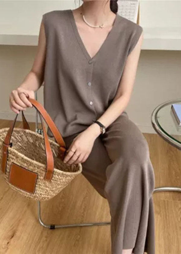 Stylish Coffee V Neck Tops And Pants Knit Two Piece Set Summer LY2151 - fabuloryshop