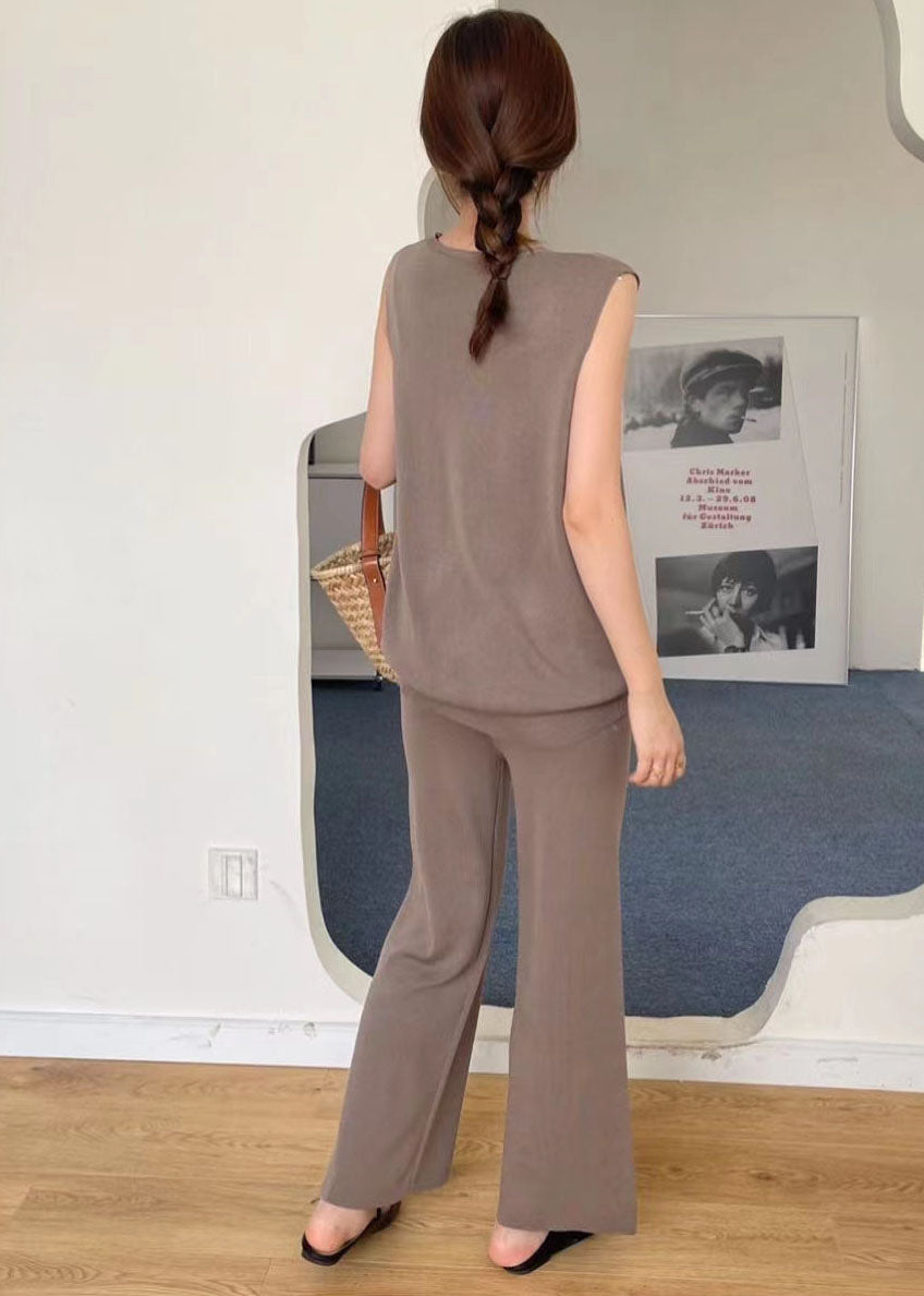 Stylish Coffee V Neck Tops And Pants Knit Two Piece Set Summer LY2151 - fabuloryshop