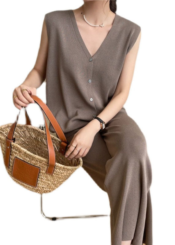 Stylish Coffee V Neck Tops And Pants Knit Two Piece Set Summer LY2151