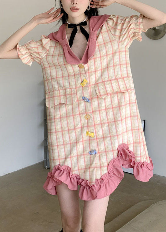 Stylish Colorblock Plaid Ruffled Patchwork Cotton Mid Dress Summer LY0785 - fabuloryshop