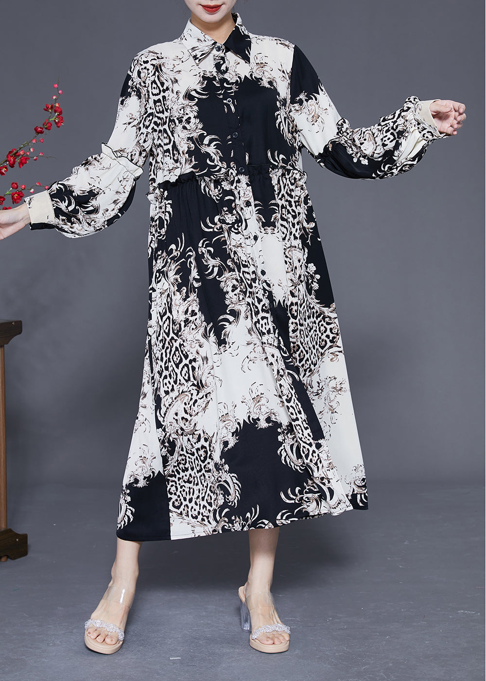 Stylish Colorblock Ruffled Oversized Print Chiffon Shirt Dress Spring LY1836 - fabuloryshop