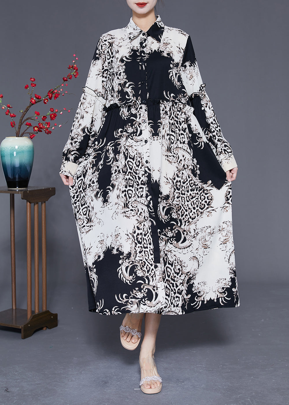 Stylish Colorblock Ruffled Oversized Print Chiffon Shirt Dress Spring LY1836 - fabuloryshop