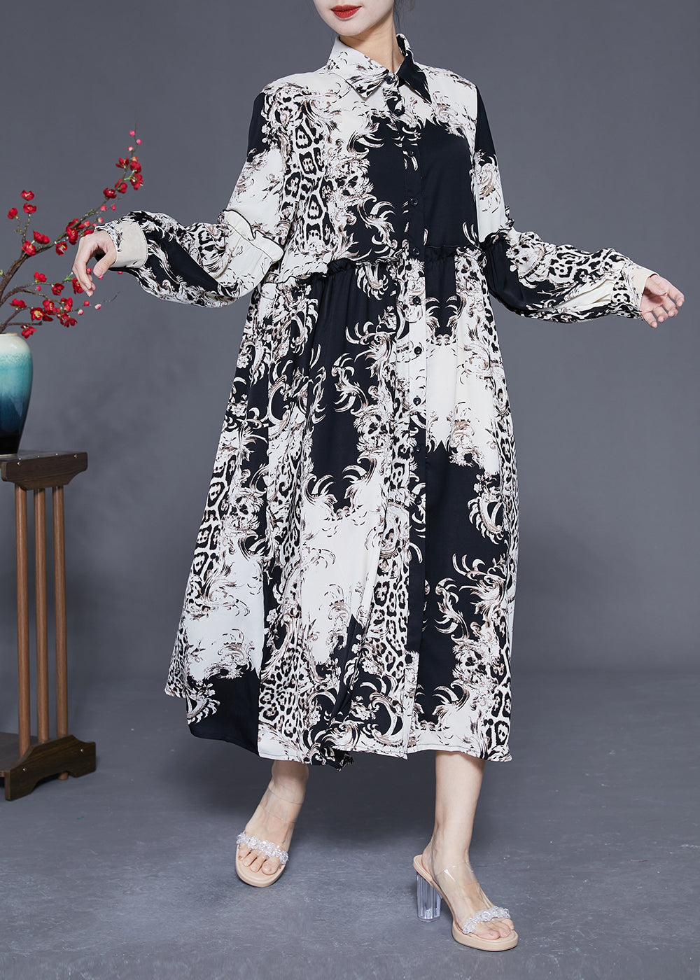 Stylish Colorblock Ruffled Oversized Print Chiffon Shirt Dress Spring LY1836 - fabuloryshop