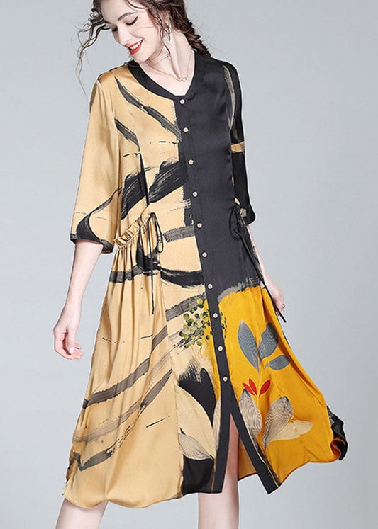 Stylish Colorblock Stand Collar Print Wrinkled Silk Dresses Bracelet Sleeve LY0124 - fabuloryshop