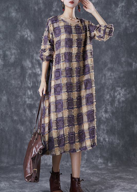 Stylish Colorblock Tasseled Plaid Cotton Dresses Fall Ada Fashion