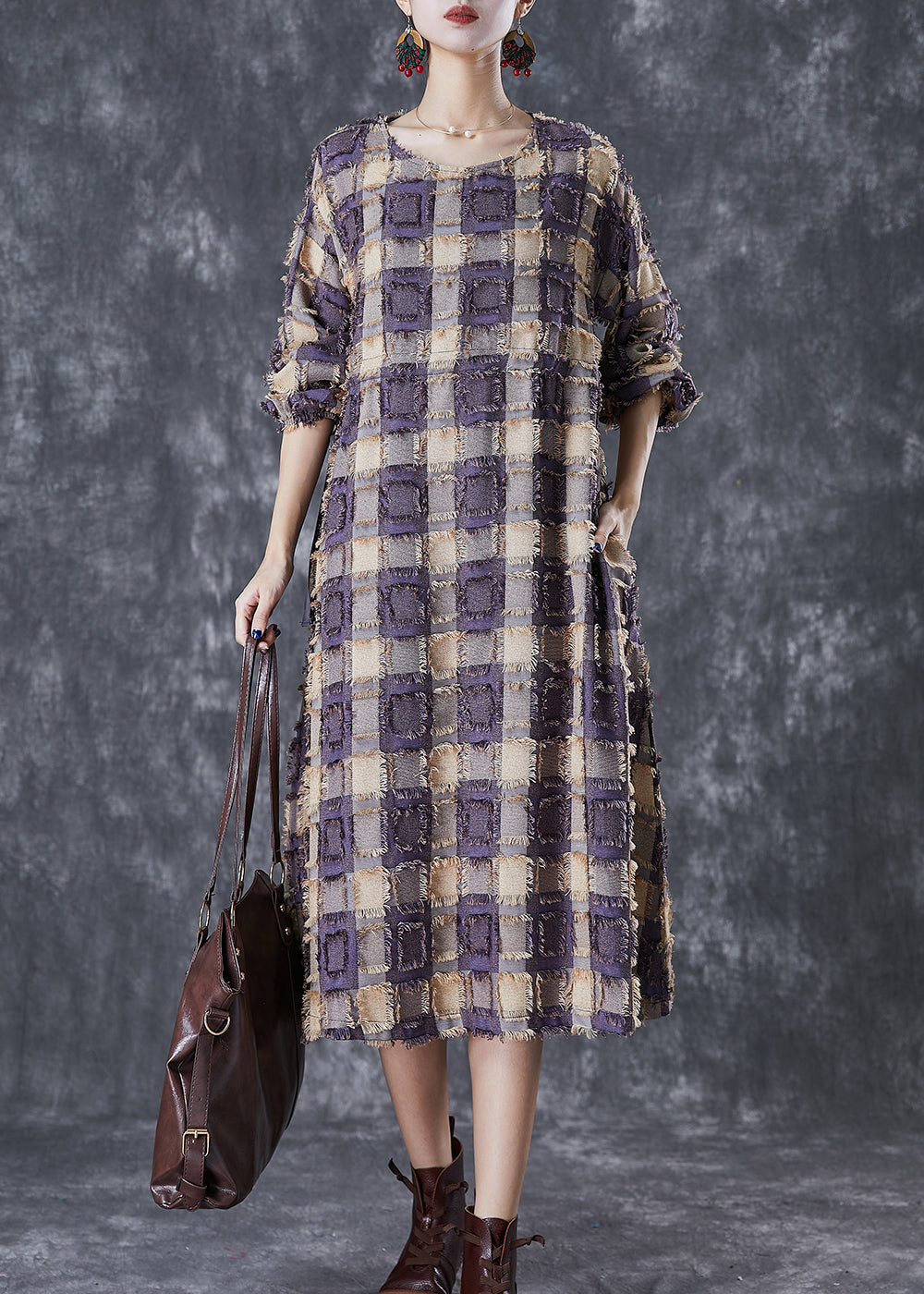 Stylish Colorblock Tasseled Plaid Cotton Dresses Fall Ada Fashion
