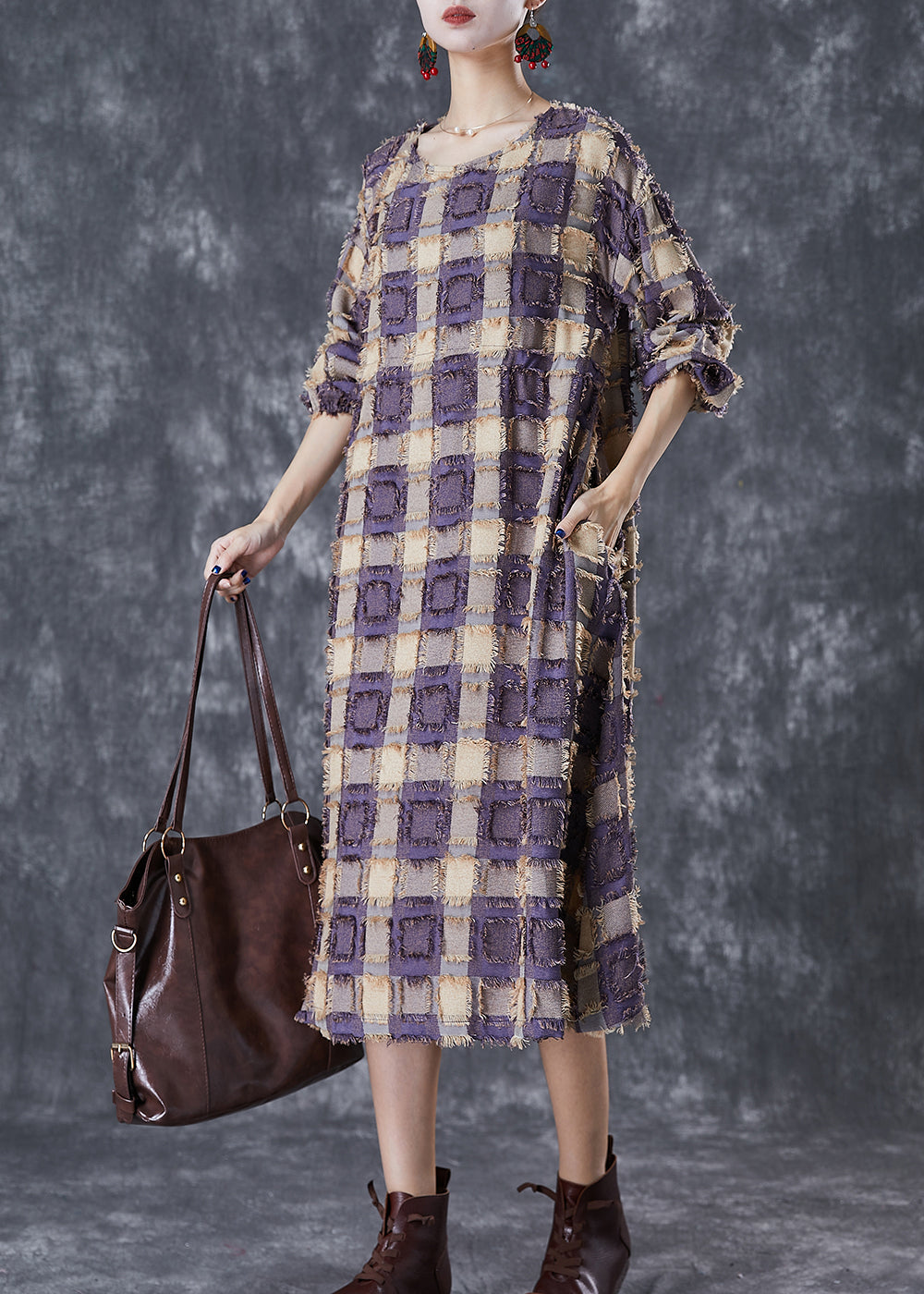 Stylish Colorblock Tasseled Plaid Cotton Dresses Fall Ada Fashion