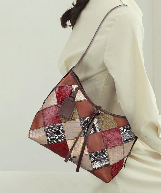 Stylish Colorblock Zippered Patchwork Calf Leather Tote Handbag LY1377 - fabuloryshop