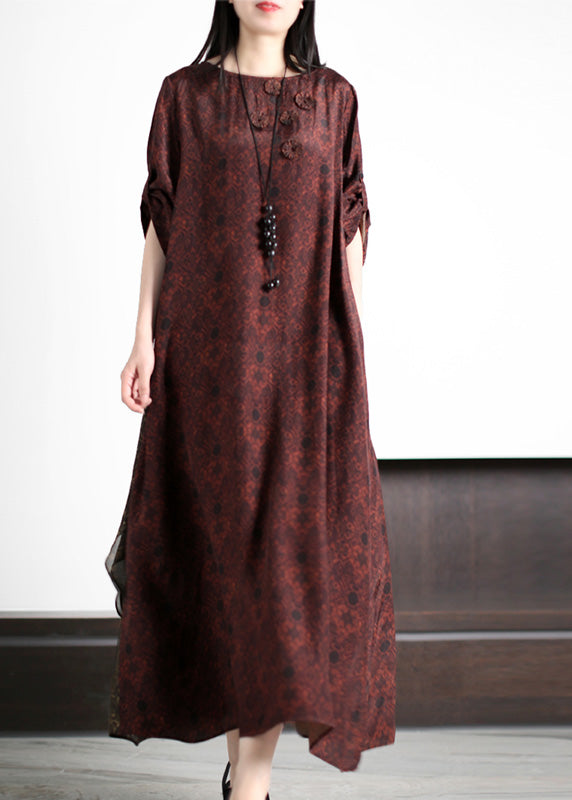 Stylish Dark Red O-Neck Print Silk Maxi Dress Summer LY5192 - fabuloryshop