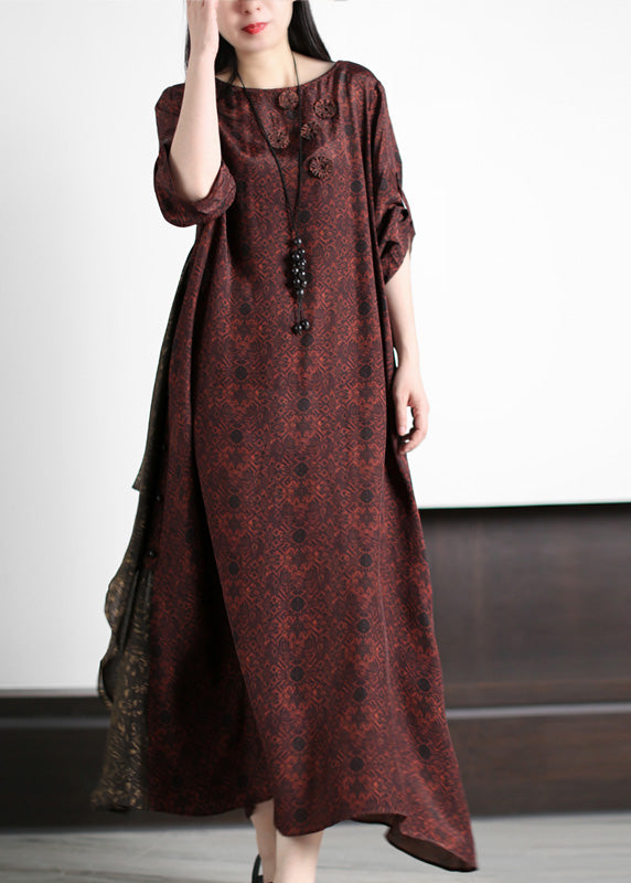 Stylish Dark Red O-Neck Print Silk Maxi Dress Summer LY5192 - fabuloryshop