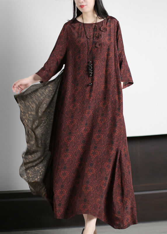 Stylish Dark Red O-Neck Print Silk Maxi Dress Summer LY5192 - fabuloryshop