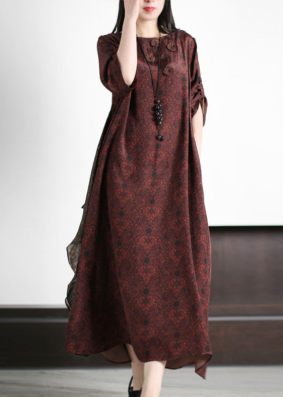 Stylish Dark Red O-Neck Print Silk Maxi Dress Summer LY5192 - fabuloryshop